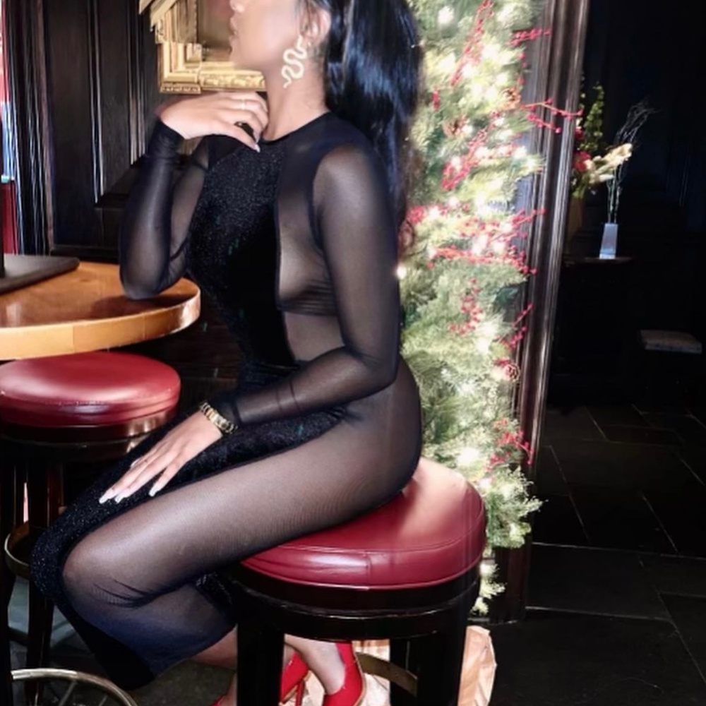 Long sleeve velvet mesh maxi dress in black